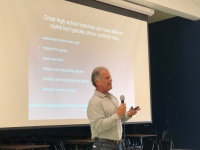 Buck Martinez, founder of the Student ACES nonprofit, speaks to a group of about 55 coaches Aug. 8, 2019 at Christopher Columbus High School, of which he is an alumnus.