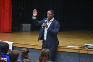 Former University of Miami football player Quadtrine Hill motivates high school sports captains from around Broward County at Plantation High School on Oct. 18, 2019 at Student ACES’ Captains Summit. The teens learned about leadership from Hill, a Plantat